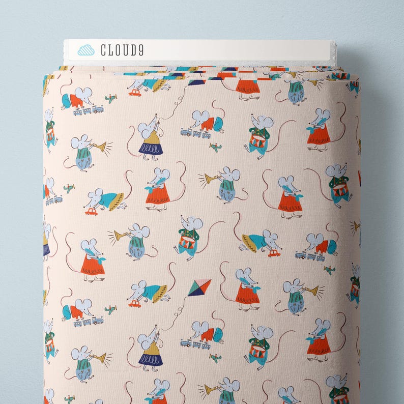 May include: A roll of fabric with a cream background featuring a repeating pattern of cartoon mice in various outfits. Some mice play instruments, while others are driving toy cars. The fabric has the text "CLOUD9" on the top.