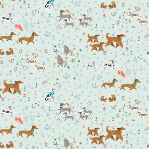 May include: A seamless pattern featuring a variety of dogs in a light blue field with colourful flowers. The dogs include a dachshund, a poodle, an Afghan hound, and a dalmatian.