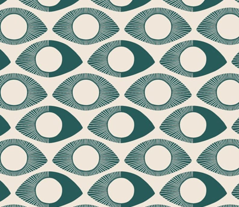 May include: A seamless pattern of teal blue stylized eyes with radiating lines on a cream background.