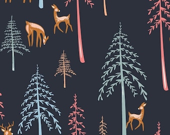 May include: A seamless pattern featuring stylized illustrations of deer and trees. The deer are brown and white, and the trees are blue, pink, and green. The background is a dark blue.