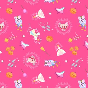 May include: A repeating pattern on a bright pink background featuring fairytale elements. The design includes Cinderella's carriage, castle, pumpkins, mice, a princess, a glass slipper, and a magic wand. The illustrations are in shades of pink, white, yellow, and blue.