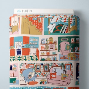 May include: A roll of fabric featuring a colorful, whimsical design of interior scenes. The pattern includes rooms with furniture, kitchen cabinets, and decorative elements. The fabric has the text "CLOUD9" on the top.
