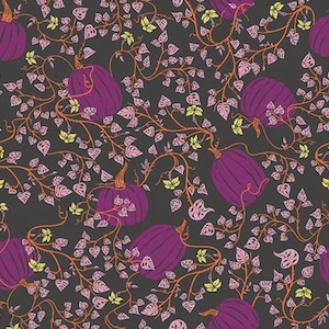 May include: A seamless pattern featuring purple pumpkins on a dark gray background. The pumpkins are surrounded by pink and green leaves and vines.