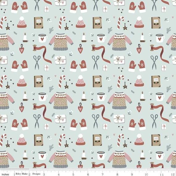 Riley Blake Fabric Warm Wishes Collection, Winter Wear (Sky) (C10782)