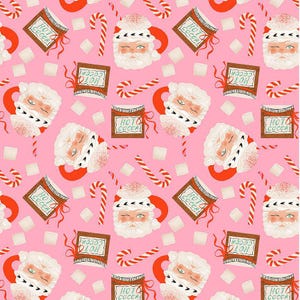 May include: A pink Christmas-themed pattern featuring Santa Claus mugs, candy canes, hot cocoa packets, and marshmallows. The Santa mugs have a red handle and are topped with whipped cream. The hot cocoa packets have the text "HOT COCOA".