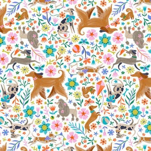 May include: A white background with a repeating pattern of colourful flowers, butterflies, and dogs. The dogs are in various poses and breeds, including a dachshund, a poodle, and a greyhound. The flowers are in shades of pink, blue, yellow, and orange.