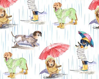 Michael Miller Fabric Paws in the Rain Collection, Dogs in the Rain (DCX12400-WHIT)