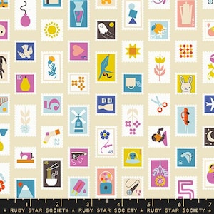 May include: Cream fabric with a repeating pattern of postage stamp designs. Each stamp features a unique illustration, including a sun, a pear, a rabbit, and a windmill. The text "RUBY STAR SOCIETY" is at the bottom.