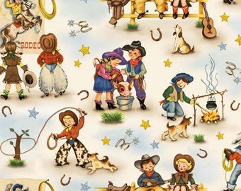 May include: A repeating pattern with vintage illustrations of cowboys and cowgirls. The design includes horses, guitars, campfires, and dogs, with a soft, light blue and cream colour palette. The illustrations evoke a sense of nostalgia.