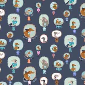 May include: A repeating pattern of dogs in blue, pink and brown frames on a dark blue background. The dogs are in various poses, including sitting, standing and running. Each dog has a blue, pink or brown ribbon around its neck.