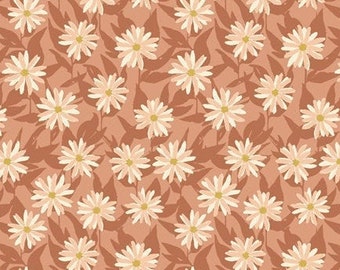 May include: A seamless pattern featuring white daisies with yellow centers on a terracotta background. The daisies are arranged in a repeating pattern, creating a floral design.