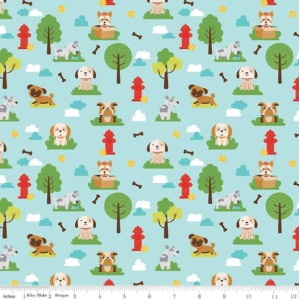 Riley Blake Fabric Pets Collection, Dogs (Aqua) (C13650)