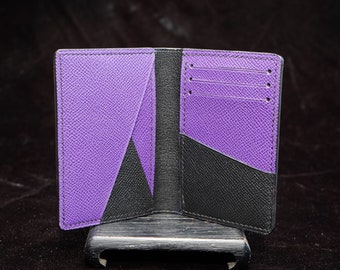 Handmade Leather Bifold Wallet: Black & Purple Vertical Pocket Organizer