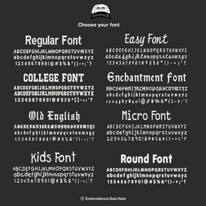 Peut inclure: Un graphique pr&eacute;sentant diff&eacute;rents styles de police pour la broderie sur les chapeaux. Les polices incluent Regular, College, Old English, Kids, Easy, Enchantment, Micro et Round. L'image comprend l'alphabet en majuscules et en minuscules, les chiffres et les signes de ponctuation.