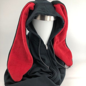 Black Rabbit Hoodie with long Red ears!