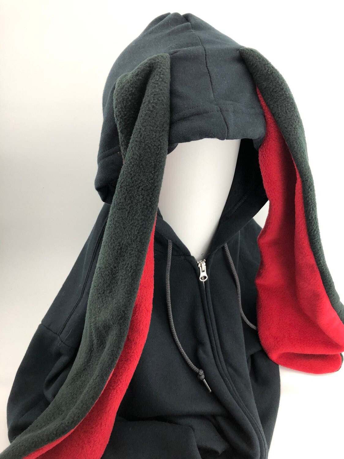 Black Rabbit Hoodie With Long Red Ears 