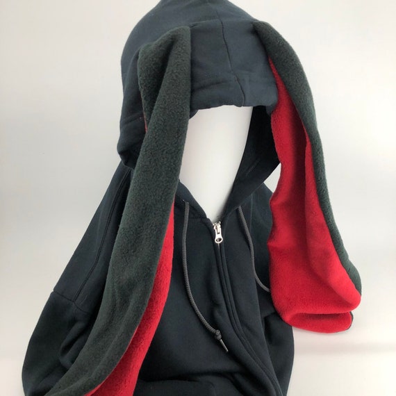 Black Rabbit Hoodie With Long Red Ears 