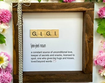 Personalized Gigi Gift Frame, Scrabble Tile Grandma Gift, Walnut Stained