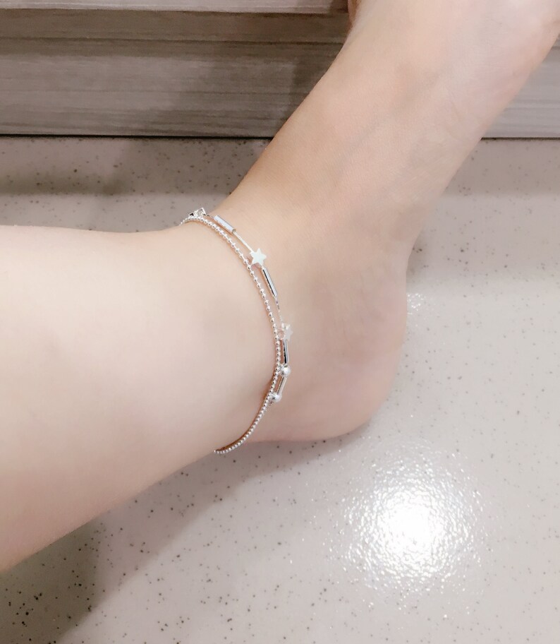 Star Anklet Layering Anklet Thin Anklet Sterling Bead Anklet Double Chain Anklet Foot Ankle Jewelry Anklet Gift Women Beach Girl Anklet
