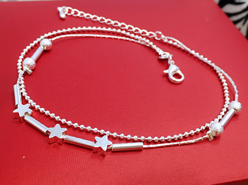 Star Anklet Layering Anklet Thin Anklet Sterling Bead Anklet Double Chain Anklet Foot Ankle Jewelry Anklet Gift Women Beach Girl Anklet
