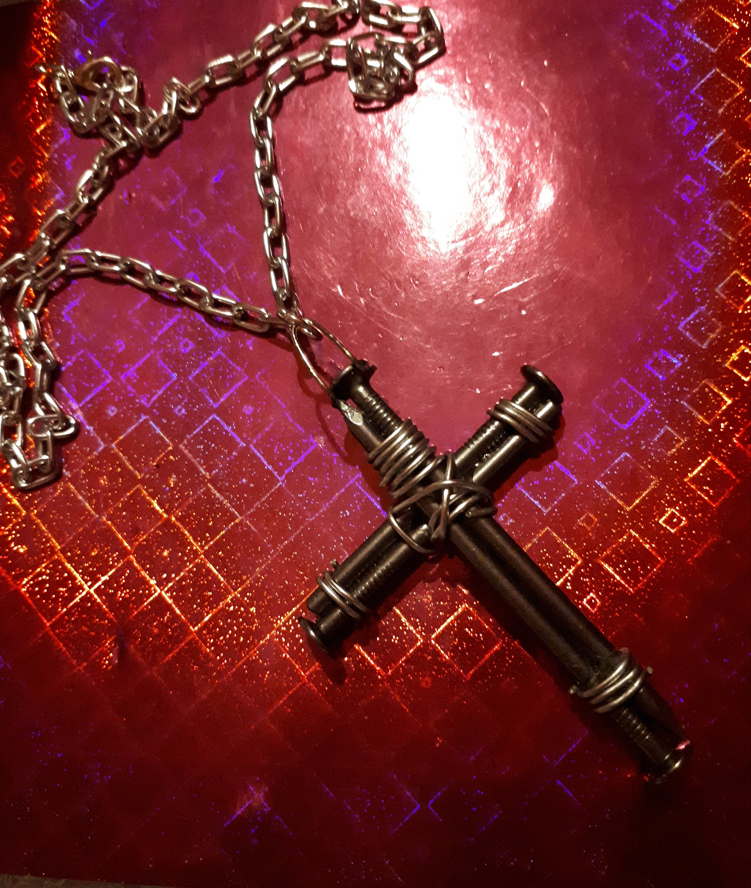 Handmade cross of nails pendant on a chunky chain