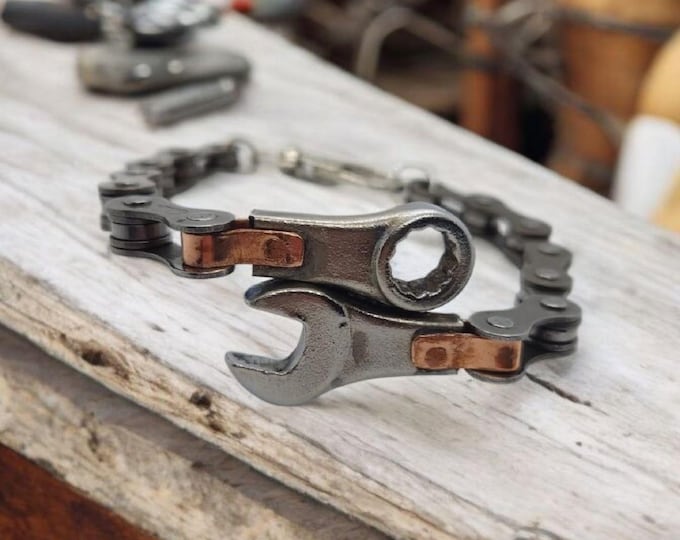 Handmade bike chain spanner chain bracelet made from recycled material biker's mechanic's bracelet christmas birthday anniversary