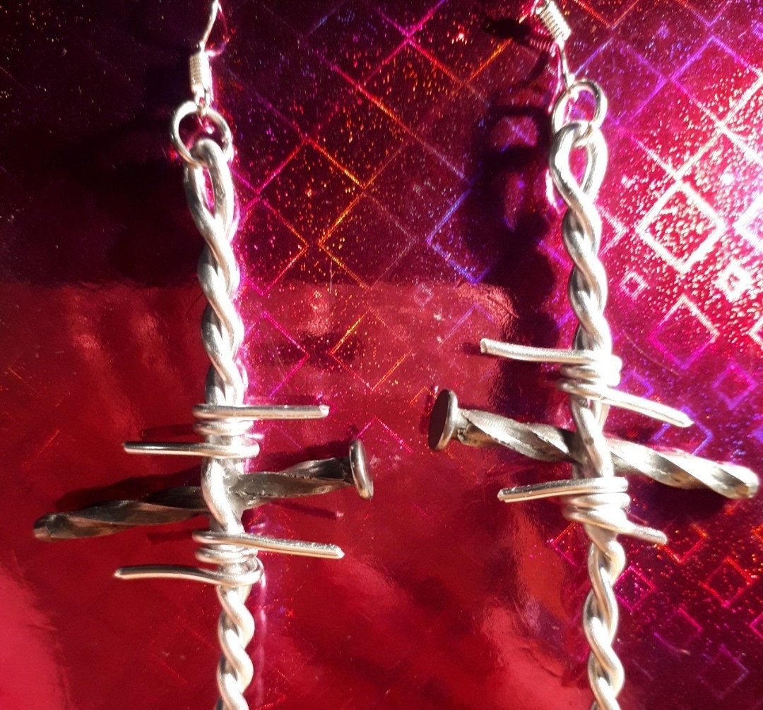 Orecchini A Cerchio Grandi Argento 10 Cm Fatti A Mano Stile Gotico Barbed Wire