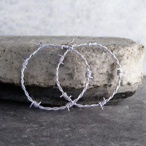 Barbed Wire Hoop Earrings - Silver Tone Statement Jewelry