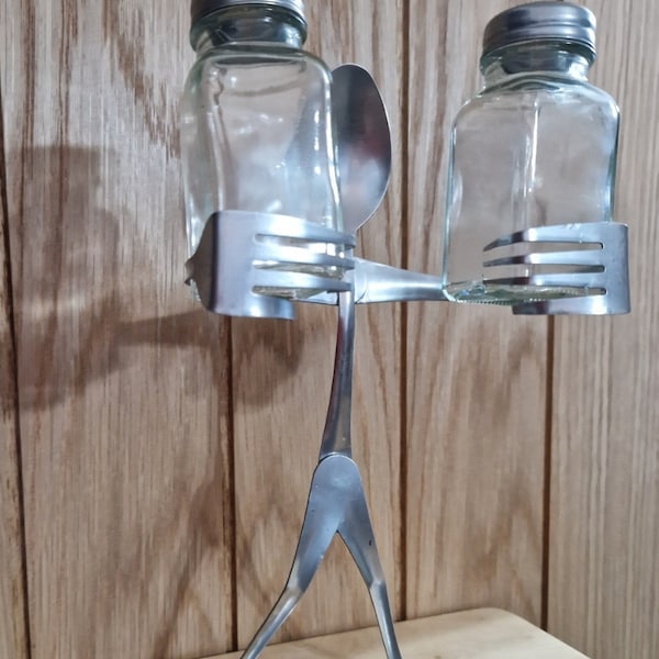 Salt & Pepper Grinder Holder Cruet Set Hand Made With Spoons and Forks. Handmade recycled.