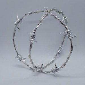 Large Barbed Wire Hoop Earrings / Silver Barbed Wire Circular Hoops