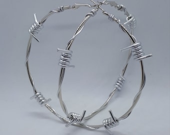 Large Barbed Wire Hoop Earrings / Silver Barbed Wire Circular Hoops