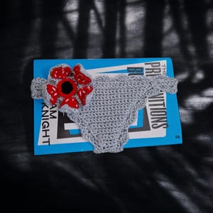 Puede incluir: Braguita de bikini de ganchillo gris con una aplicación de flor Demogorgon roja y negra. El bikini está sobre un libro azul con texto blanco que dice "THE PREMONITIONS" y "AM KNIGHT".