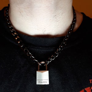 Handmade solid chunky gunmetal black metallic chain with silver padlock clasp fastening  goth emo punk