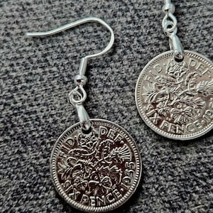 Handmade uncirclated lucky sixpence coin dangle drop earrings 925 silver earwire