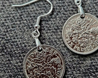 Handmade uncirclated lucky sixpence coin dangle drop earrings 925 silver earwire
