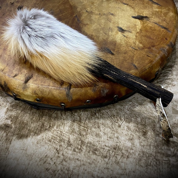 drum beater shamanic drum stick 11 inch fur fox and pine wood.