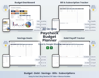 Könnte beinhalten: Ein All-in-One Gehalts-Budgetplaner für Excel und Google Sheets mit Budget-Dashboard, Rechnungs- und Abonnement-Tracker, Sparzielen und Schulden-Tilgungsplan. Enthält visuelle Diagramme, Fortschrittsbalken und automatische Berechnungen.