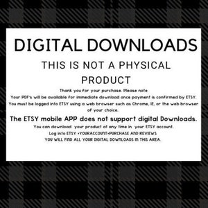 K&ouml;nnte beinhalten: Ein wei&szlig;es, rechteckiges Hinweisschild mit schwarzem Text, der DIGITAL DOWNLOADS, THIS IS NOT A PHYSICAL PRODUCT besagt, sowie Anweisungen zum Zugriff auf Dateien &uuml;ber einen Webbrowser, mit dem Hinweis, dass die Etsy-App keine digitalen Downloads unterst&uuml;tzt.