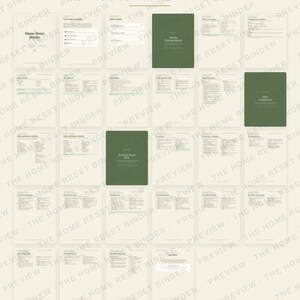 K&ouml;nnte beinhalten: Eine Sammlung von 28 druckbaren Seiten f&uuml;r einen Haushaltsorganisationsordner. Das Layout zeigt wei&szlig;e Seiten mit schwarzem Text und dunkelgr&uuml;ne Trennbl&auml;tter. Der Text umfasst A PEEK INSIDE, All 28 Pages, CLEAN DECLUTTER ORGANIZE und The Home Reset Binder.