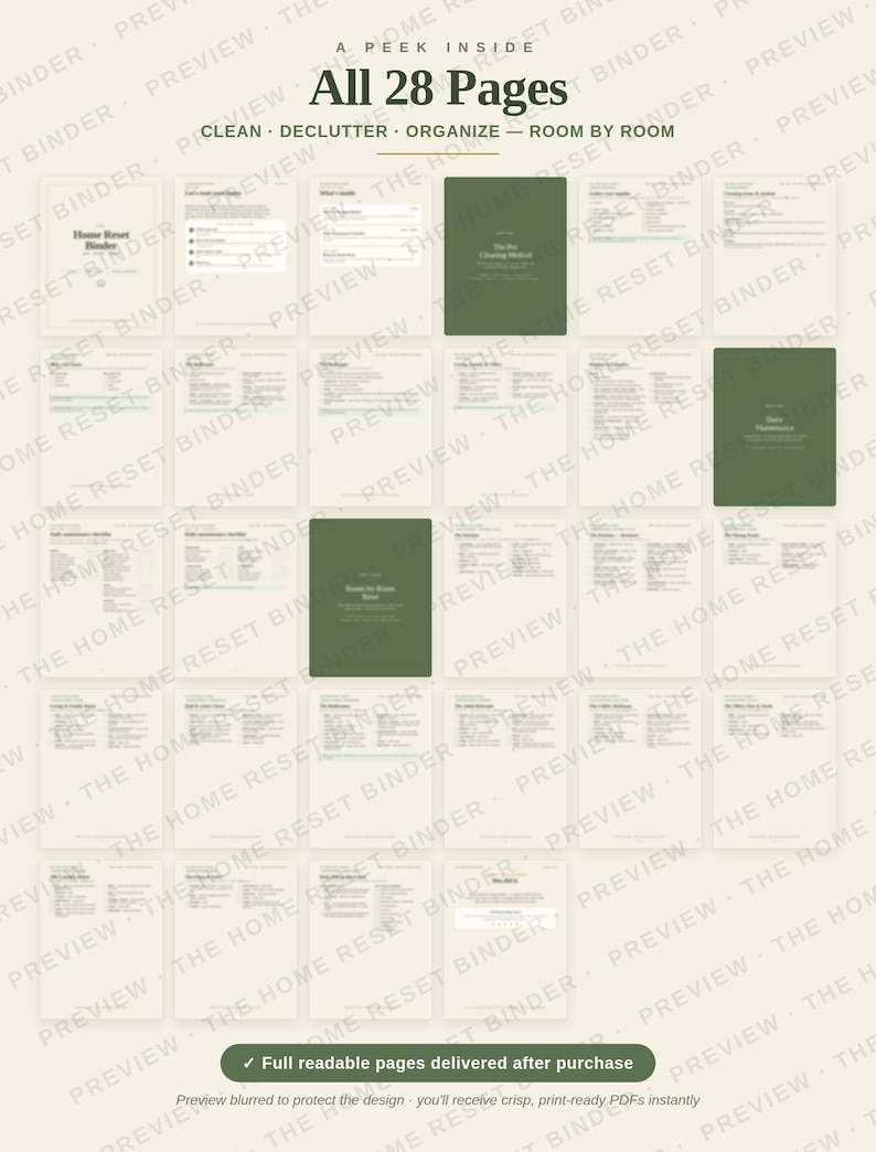 K&ouml;nnte beinhalten: Eine Sammlung von 28 druckbaren Seiten f&uuml;r einen Haushaltsorganisationsordner. Das Layout zeigt wei&szlig;e Seiten mit schwarzem Text und dunkelgr&uuml;ne Trennbl&auml;tter. Der Text umfasst A PEEK INSIDE, All 28 Pages, CLEAN DECLUTTER ORGANIZE und The Home Reset Binder.