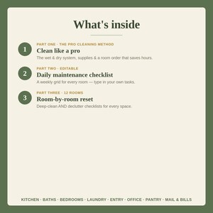 K&ouml;nnte beinhalten: Ein digitales Dokument mit dem Titel What's inside, das drei Abschnitte enth&auml;lt: Part One, Clean like a pro, zu Nass- und Trockensystemen; Part Two, Daily maintenance checklist, ein bearbeitbares w&ouml;chentliches Raster; und Part Three, Room-by-room reset, mit Checklisten f&uuml;r die Tiefenreinigung und Entr&uuml;mpelung von 12 R&auml;umen, darunter K&uuml;che, B&auml;der, Schlafzimmer, Waschk&uuml;che, Eingang, B&uuml;ro, Speisekammer sowie Post und Rechnungen.