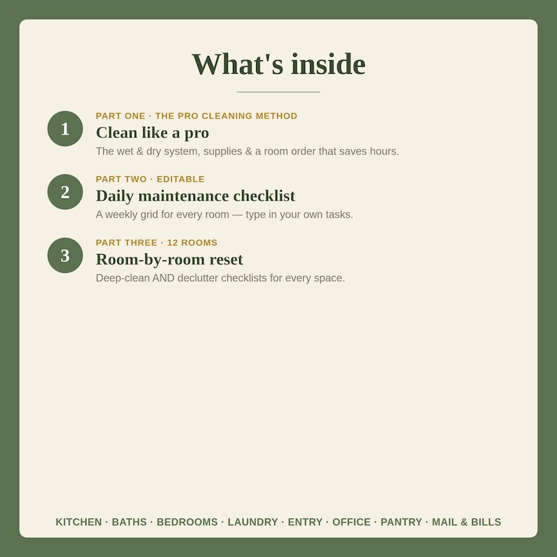 K&ouml;nnte beinhalten: Ein digitales Dokument mit dem Titel What's inside, das drei Abschnitte enth&auml;lt: Part One, Clean like a pro, zu Nass- und Trockensystemen; Part Two, Daily maintenance checklist, ein bearbeitbares w&ouml;chentliches Raster; und Part Three, Room-by-room reset, mit Checklisten f&uuml;r die Tiefenreinigung und Entr&uuml;mpelung von 12 R&auml;umen, darunter K&uuml;che, B&auml;der, Schlafzimmer, Waschk&uuml;che, Eingang, B&uuml;ro, Speisekammer sowie Post und Rechnungen.