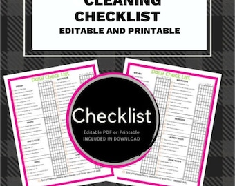 Könnte beinhalten: Eine druckbare Reinigungscheckliste mit einem rosa-grünen Farbschema. Die Checkliste trägt den Titel "Daily Check List" und umfasst Abschnitte für Küche, Badezimmer, Schlafzimmer, Waschküche, Wohnzimmer und Büro. Der Text "Editable PDF or Printable INCLUDED IN DOWNLOAD" wird in einem schwarzen Kreis angezeigt.