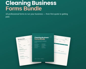 Könnte beinhalten: Ein digitales Bündel von 18 professionellen Reinigungsformularen auf dunkelgrünem Hintergrund. Der Text lautet For House Cleaning Pros Cleaning Business Forms Bundle, 18 professional forms to run your business from first quote to getting paid.