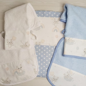 Personalized nursery set, bag, bib, towel, kitten theme