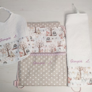 Set for nursery school, customizable nursery, backpack with bibs, towels and embroidered name