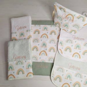 Personalized nursery set, bag, bib, towel, rainbow fabric