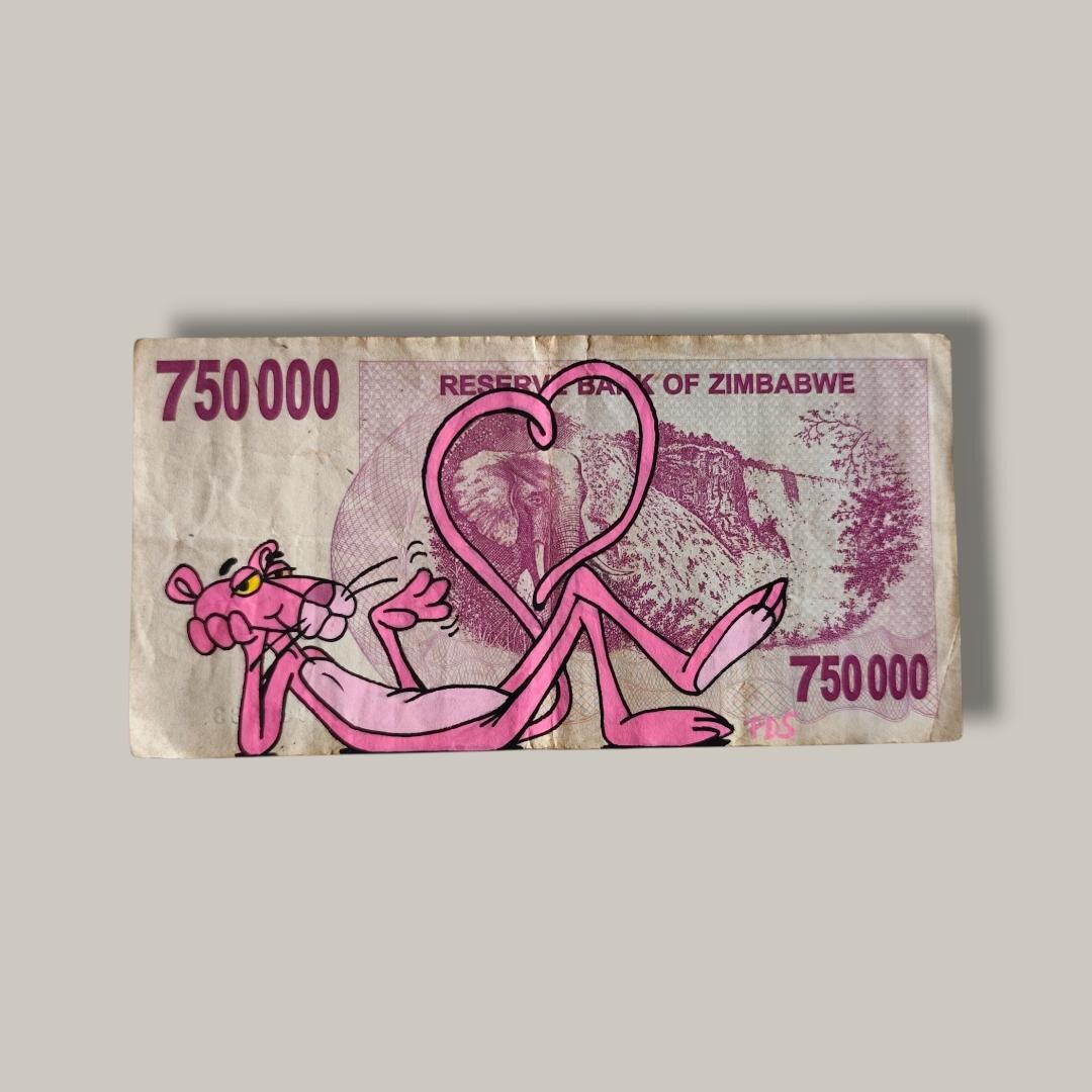 Pink Empty Banknote Pink Panther on Zimbabwean Banknote – Unique Pop Art – Hand-painted ...