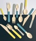 Disposable Wooden Cutlery (36) - Eco-Friendly Eating Utensils - Painted Knives, Forks, Spoons - Grey / Blue / Yellow - Party / Picnic Supply 