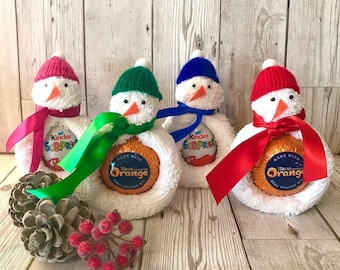 SNOWMEN FLANIMALS - Jolly the Snowman! Made from a cotton flannel. Christmas Eve box or stocking fillers. Chocolate Orange Cover, Kinder Egg